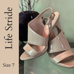 Nude patent leather heels